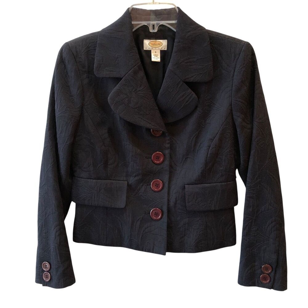 Talbots Womens Size 6 Navy Blue Floral Brocade Button Up Blazer Jacket Coat